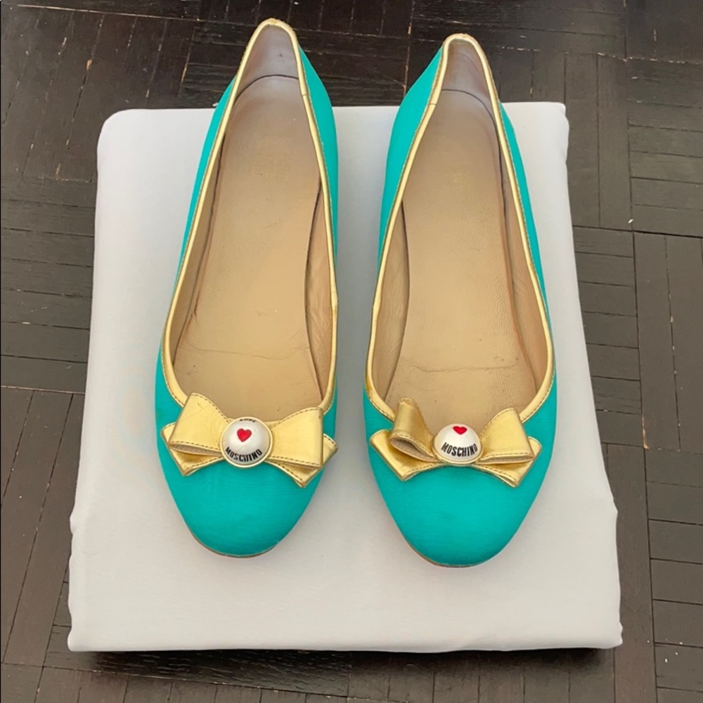 Love Moschino Ballet Flat Turquoise Gold Pearl Bow